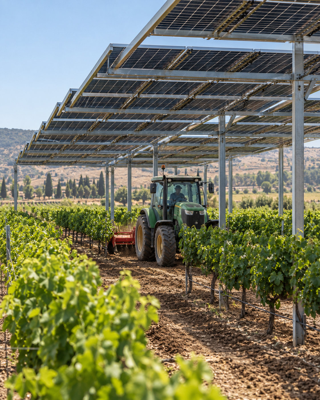 Agro-solar panels above a vineyard on agricultural land (Plot A)