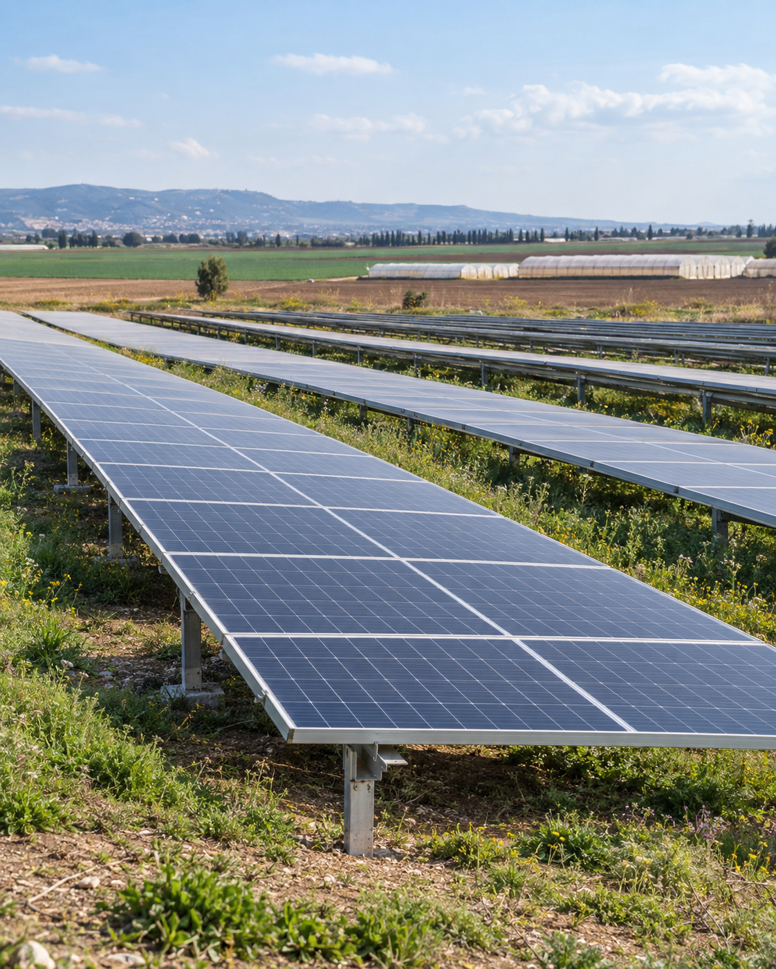 Ground-mounted solar panel rows on agricultural land
